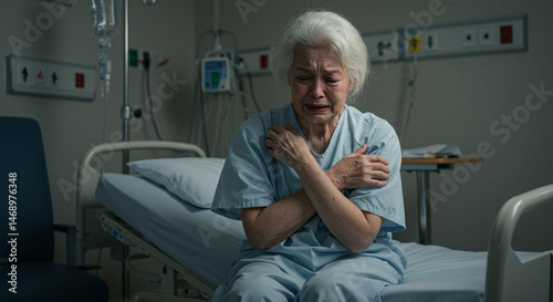 Distraught Elderly Woman Crying Alone on Hospital Bed during Sadness