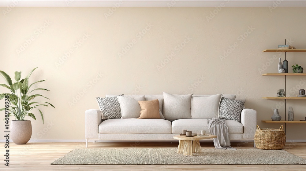 Fototapeta premium Minimalist Living Room with Neutral Cream Decor and Cozy Touches