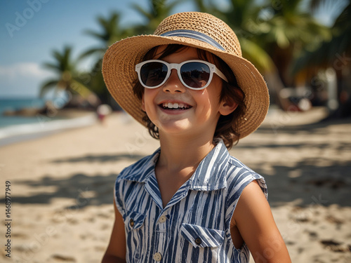 Portrait of a cheerful kid on the tropical beach 