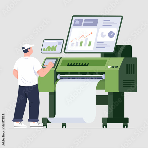 Digital Printing Process Concept – High-Tech Large Format Printer, Graph Data Output, and Image Production Illustration