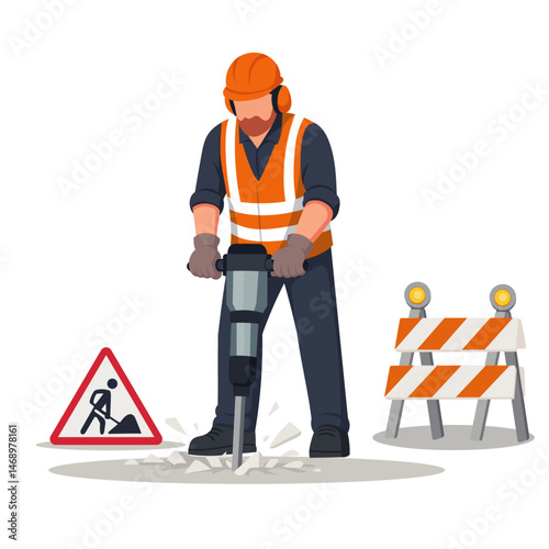 Road Construction Worker Using Jackhammer with Safety Equipment and Warning Signs – Flat Vector Illustration