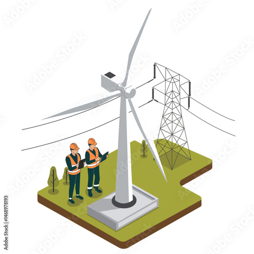 Isometric Vector of Wind Turbine with Engineers – Clean Renewable Energy and Eco-Friendly Power Concept