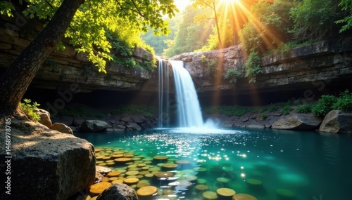 Sunlit waterfall plunging into tranquil bushland pool, sun, tranquil