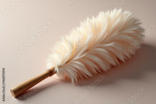 Close-up of a classic feather duster, showcasing its soft plumes and wooden handle , cleaning, background