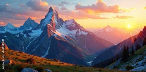 Sunrise paints Swiss Alps, golden light on peaks, generative ai, peak