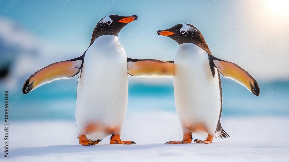 Fototapeta premium Two penguins are standing close to each other on a snowy beach. The scene is calm and tranquil, with the penguins seemingly enjoying each other's company