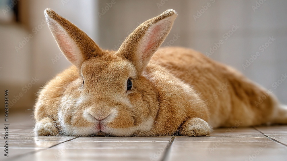 Fototapeta premium Cute Fat Bunny Lying Flat Like a Pancake on Tile Floor