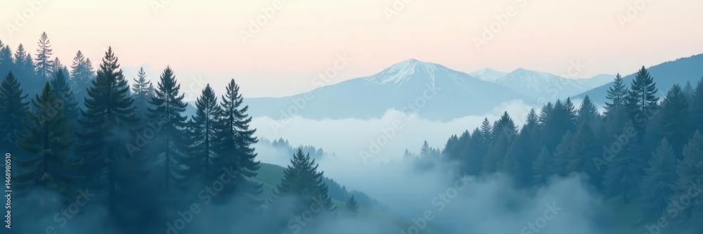 Naklejka premium Towering pines shrouded in dense fog, pale sky above, winter, dense