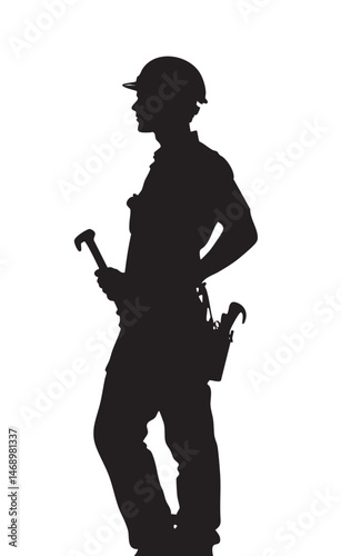 Silhouette of a construction worker holding a wrench and wearing a helmet.
