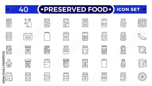 Preserved food outline icons. Fast food vector icon line set. Burger sandwich pizza hot dog cola coffee sweets.