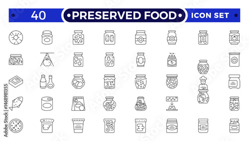 Preserved food outline icons. Fast food vector icon line set. Burger sandwich pizza hot dog cola coffee sweets.