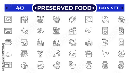 Preserved food outline icons. Fast food vector icon line set. Burger sandwich pizza hot dog cola coffee sweets.