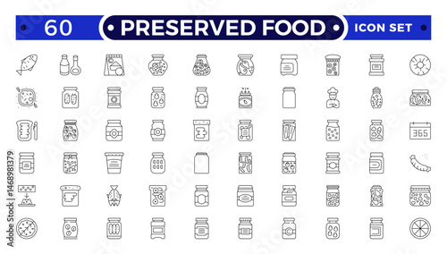 Preserved food outline icons. Fast food vector icon line set. Burger sandwich pizza hot dog cola coffee sweets.