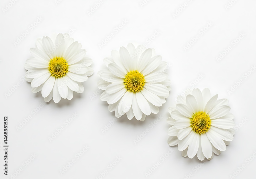 Obraz premium Three white daisies with yellow centers arranged on a white background