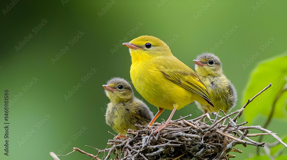Obraz premium Yellow Bird Family in Nest With Babies