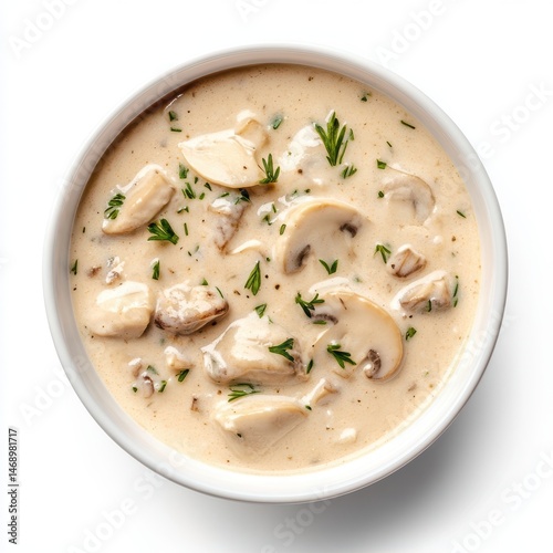 Creamy mushroom soup isolated on white background