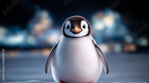 Cute baby penguin is standing on a snowy surface. The image has a light and playful mood, as the penguin is posed in a way that makes it appear as if it is smiling