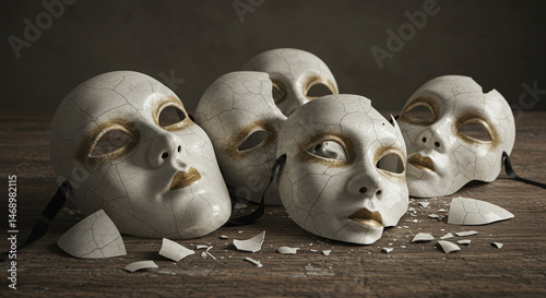 Shattered visages: Fractured masks symbolizing fragile identities and vulnerability