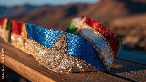 Traditional Djibouti sash with red, green, and blue embroidery on wood, celebrating independence and cultural pride. photo