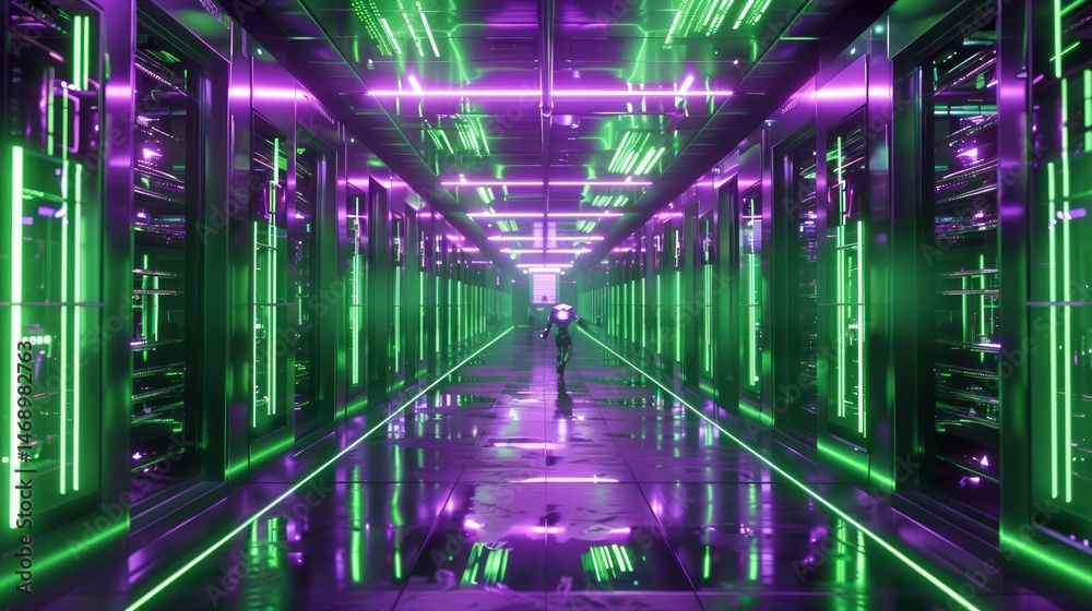 Fototapeta premium Neon Lit Server Room Corridor