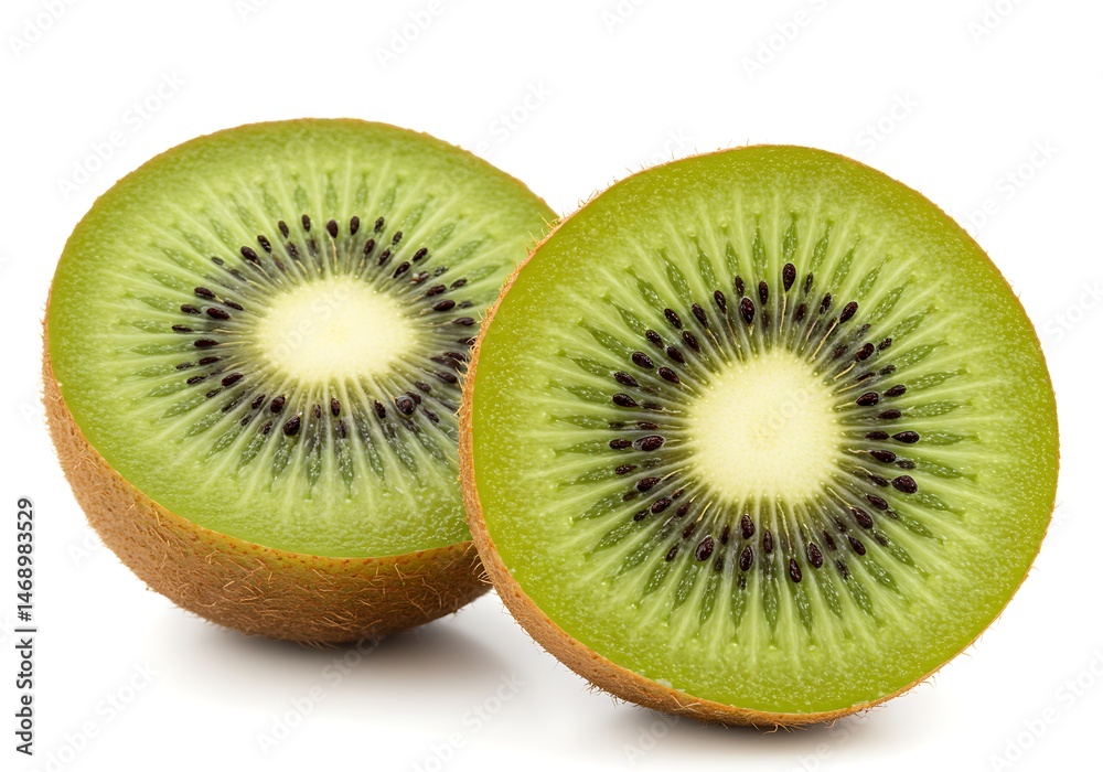 Two kiwi halves show green flesh and black seeds on a white background Two kiwi halves show green flesh and black seeds on a white background