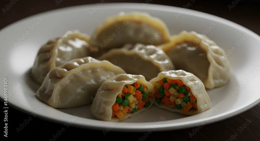 Close Up Of Steamed Dumplings On A White Plate Revealing Colorful Vegetable Filling Close Up Of Steamed Dumplings On A White Plate Revealing Colorful Vegetable Filling