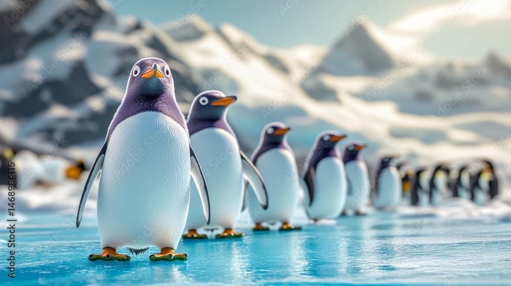 Fototapeta premium Group of penguins are standing on a frozen lake. One of the penguins is looking at the camera
