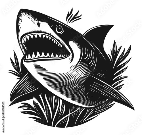Detailed Black and White Shark Illustration Emerging from Ocean Depths