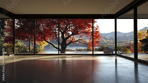 Modern interior with vast windows showcasing autumn landscape view