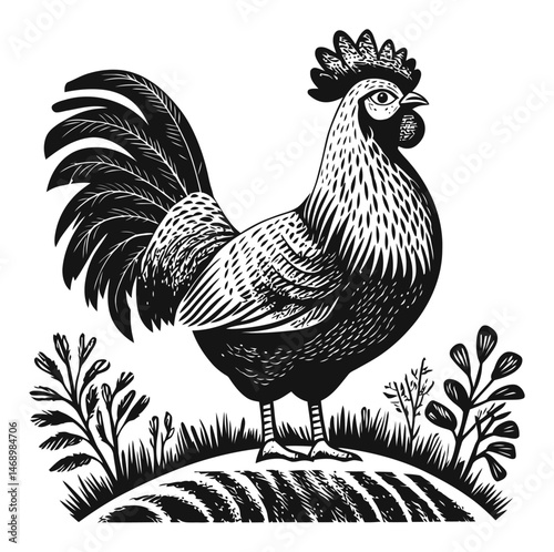 Vintage Style Vector Illustration of a Rooster in Black and White