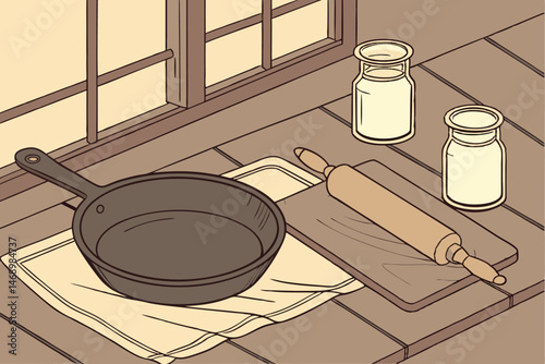 176 rustic kitchen scene, cast iron skillet, rolling pin, wooden chopping board, glass jars, wooden table, natural light, warm tones, cozy atmosphere, detailed textures, minimalist style, farmhouse de