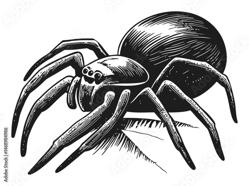 Detailed Black and White Vector Illustration of a Realistic Spider
