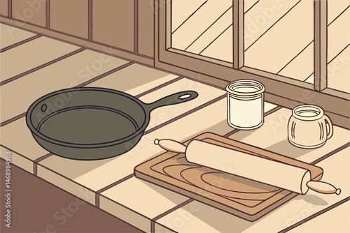 176 rustic kitchen scene, cast iron skillet, rolling pin, wooden chopping board, glass jars, wooden table, natural light, warm tones, cozy atmosphere, detailed textures, minimalist style, farmhouse de