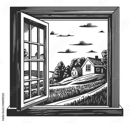 Open Window View of Scenic Landscape with House and Trees