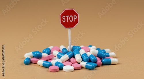 Stop Taking Pills: Medication Overload Concept;  Pile of Pills with Stop Sign, Pharmacy, Healthcare Crisis