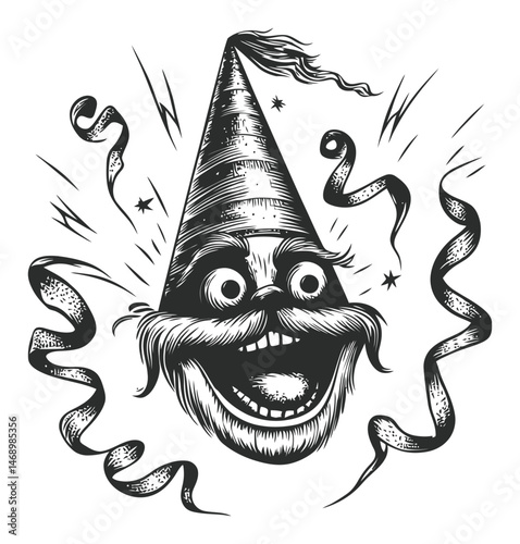Vintage Cartoon Party Hat Character with Excited Expression and Streamers
