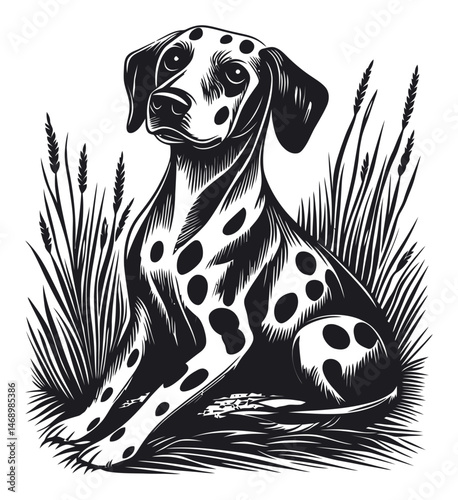 Detailed Vector Illustration of a Dalmatian Sitting in Grass