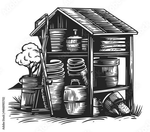 Detailed Illustration of Gardening Shed with Pots and Garden Tools