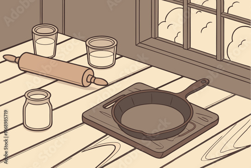 176 rustic kitchen scene, cast iron skillet, rolling pin, wooden chopping board, glass jars, wooden table, natural light, warm tones, cozy atmosphere, detailed textures, minimalist style, farmhouse de