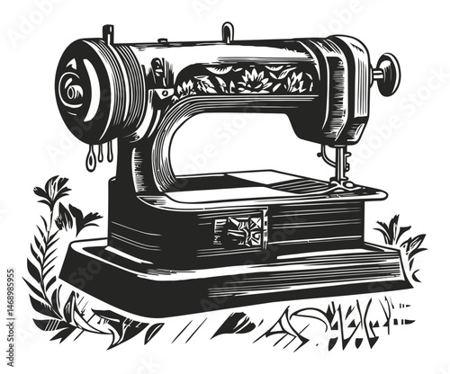Vintage Sewing Machine Illustration for Craft and Home Design Projects