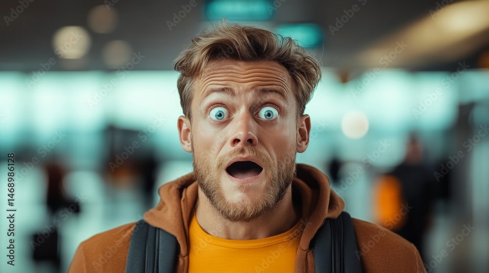 Man with a beard and a surprised expression on his face. He is wearing a brown jacket and a yellow shirt Man with a beard and a surprised expression on his face. He is wearing a brown jacket and a yellow shirt