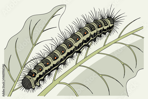 177 close-up macro shot, highly detailed insect caterpillar crawling on leaf, grey and brown colors, textured body segments, intricate patterns, sharp focus, realistic, nature photography