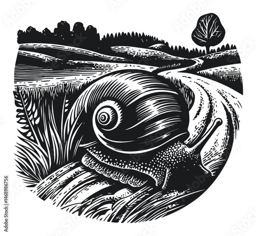 Detailed Vector Illustration of Snail on a Scenic Countryside Path