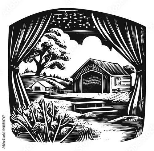 Scenic Farmhouse Landscape in Black and White with Woodcut Style