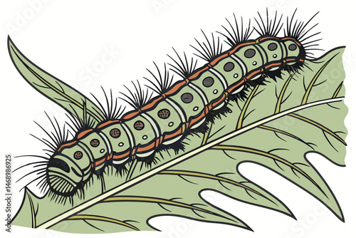 177 close-up macro shot, highly detailed insect caterpillar crawling on leaf, grey and brown colors, textured body segments, intricate patterns, sharp focus, realistic, nature photography
