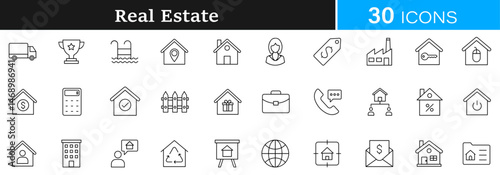 Real Estate, property for sale, real estate listings, real estate agent, homes for sale, real estate market icon pack | Detailed Outline | Editable Stoke 30 icon | Victor illustrator.