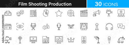 Film Shooting Production,  movie production, film set, film crew, cinematography, film direction icon pack | Detailed Outline | Editable Stoke 30 icon | Victor illustrator.