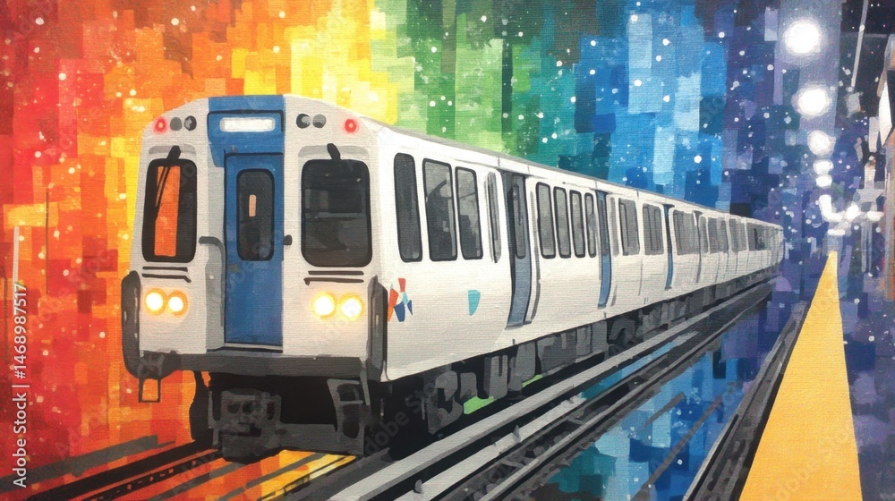 Fototapeta premium Detailed white and blue train approaching a brightly lit station with vibrant abstract rainbow background