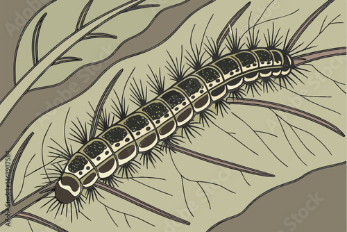 177 close-up macro shot, highly detailed insect caterpillar crawling on leaf, grey and brown colors, textured body segments, intricate patterns, sharp focus, realistic, nature photography