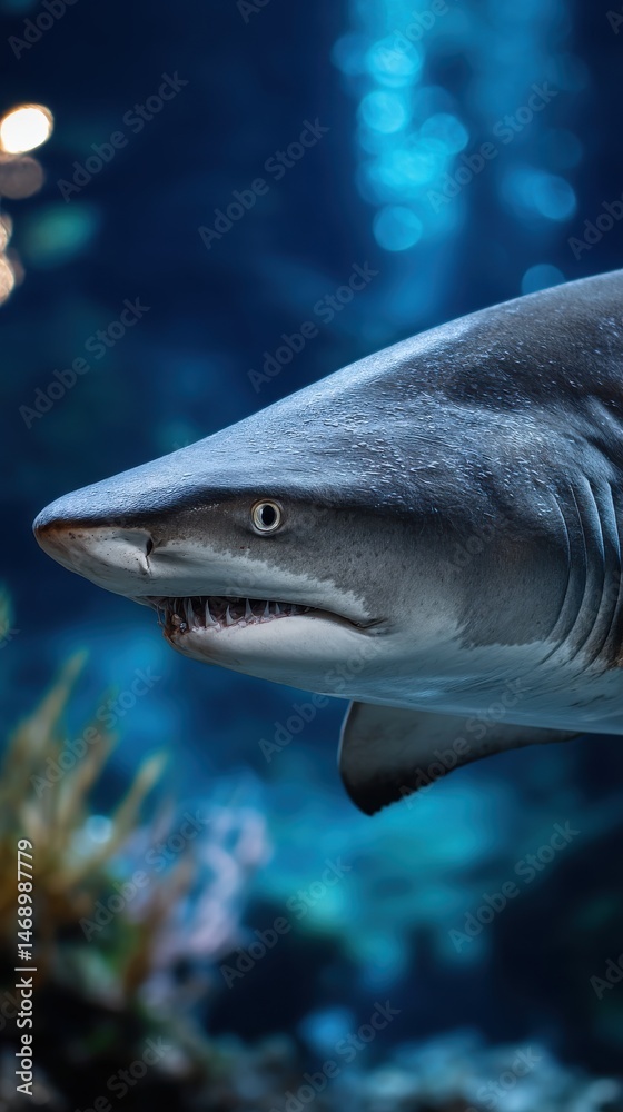 Naklejka premium Majestic Shark Portrait Swimming Underwater with Sharp Teeth on Display against a Blue Bokeh Background